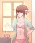  anthro beverage bra breasts canine clothed clothing female food fox inside kaitycuddle mammal navel open_shirt solo standing tea underwear 