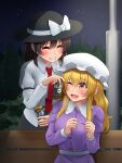  2girls bench black_hat black_skirt blonde_hair blush bow breath bush buttons can canned_coffee closed_eyes collared_dress collared_shirt commentary_request contrast_collar cowboy_shot dress drink_can frilled_dress_collar grin hat hat_bow highres lamppost lily_black lily_white long_hair long_sleeves maribel_hearn medium_hair mob_cap multiple_girls necktie night one_eye_closed park_bench pink_nails purple_dress purple_eyes red_necktie shirt sitting skirt sleeve_garter smile standing star_(sky) tatsu_toyoyo touhou tree usami_renko white_bow white_hat white_shirt 