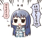  1girl :3 :d ahoge aoblue blue_hair blue_hoodie blush_stickers buttons chibi chibi_only commentary_request cropped_torso emphasis_lines hood hood_down hoodie jitome long_hair looking_at_viewer magia_record:_mahou_shoujo_madoka_magica_gaiden mahou_shoujo_madoka_magica nanami_yachiyo open_mouth short_sleeves sidelocks simple_background smile solo sparkle speech_bubble striped_clothes striped_hoodie translation_request white_background 