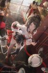  1girl bad_source bang_dream! bang_dream!_it's_mygo!!!!! beret black_hair black_hat black_thighhighs blue_eyes chinese_commentary christmas closed_mouth commentary_request copyright_notice desk_lamp douya_(233) eye_mask frilled_sleeves frills from_above hand_on_own_hip hat highres indoors lamp long_sleeves looking_at_viewer mask masquerade_mask medium_hair official_alternate_costume official_art plant plate potted_plant red_ribbon red_thighhighs reflective_floor ribbon second-party_source shirt solo standing table thighhighs unworn_mask white_shirt yahata_umiri 