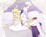  1girl bed between_legs bishoujo_senshi_sailor_moon black_moon_clan blonde_hair bonta_kana cape closed_eyes comb combing crossed_legs crystal_earrings curtains dress earrings frown hair_down hand_between_legs jewelry long_hair pillow prince_demande princess_serenity sitting strapless strapless_dress tsukino_usagi very_long_hair wariza white_dress white_hair 