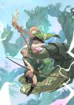  2girls absurdres arrow_(projectile) bare_arms black_bra blonde_hair blue_sky bow_(weapon) bra bracelet braid capelet cloak cthlo dragon elf gem giant golem green_capelet green_cloak green_sarong green_socks highres holding holding_arrow holding_bow_(weapon) holding_staff holding_weapon hood hooded_capelet jewelry leg_warmers long_hair low-tied_long_hair magic multiple_girls original pink_eyes pointy_ears red_gem revealing_clothes sarong scenery sky socks staff thighs toeless_legwear toes underwear weapon 