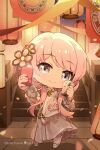  1girl bad_source bang_dream! bang_dream!_it's_mygo!!!!! bubble_tea chibi chibi_only chihaya_anon chinese_clothes copyright_notice cup disposable_cup flower full_body grey_eyes grey_skirt hair_flower hair_ornament highres holding holding_cup holding_phone lantern long_hair low_ponytail night official_alternate_costume official_alternate_hairstyle official_art outdoors paper_lantern phone pink_hair pleated_skirt ponytail second-party_source selfie shirt skirt sky solo stairs taking_picture tassel white_shirt xiaomi_miiiiiiiiii 