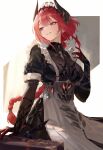  1girl apron black_bodystocking bodystocking braid breasts cleavage commentary cowboy_shot ddcc0123 duet_night_abyss grin hand_up highres hilda_(duet_night_abyss) horns looking_to_the_side maid maid_apron maid_headdress mole mole_under_eye parted_lips red_eyes red_hair see-through_clothes short_sleeves sitting smile solo very_long_braid 