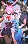  2girls absurdres animal_ears aqua_dress bag black_pantyhose blue_skirt bow bowtie breasts bubble_tea commentary cup dd_bsd disposable_cup dress evanescia_(honkai:_star_rail) flower fox_ears fox_girl fur_shawl gloves hair_flower hair_ornament handbag highres holding holding_bag honkai:_star_rail honkai_(series) large_breasts long_hair looking_at_viewer medium_breasts multiple_girls pantyhose partially_fingerless_gloves peacock_feathers_hair_ornament pink_hair purple_eyes red_bow red_bowtie shawl shirt single_glove skirt smile two-tone_dress untranslatable_commentary v very_long_hair white_dress white_gloves white_shirt yao_guang_(honkai:_star_rail) 