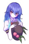  blue_hair blush commentary food fruit hair_between_eyes hat hat_removed headwear_removed hinanawi_tenshi leaf long_hair looking_at_viewer miata_(miata8674) pale_skin peach red_eyes short_sleeves simple_background solo touhou upper_body white_background 