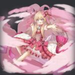  1girl absurdres blonde_hair chaos_marie_(grimms_notes) cleavage_cutout clothing_cutout commentary_request corset elega_(elega_sophi) fork grimms_notes hair_ribbon heart heart-shaped_pupils highres holding holding_fork long_hair pink_eyes pink_ribbon puffy_short_sleeves puffy_sleeves red_corset red_shoes ribbon shirt shoes short_sleeves smile solo symbol-shaped_pupils very_long_hair 