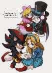  22_00ynm 2boys 2girls black_hat black_jacket black_pants blonde_hair blue_dress blue_eyes blue_hairband bow cane closed_mouth commentary_request doraemon dorapan dress facial_hair full_body furry furry_male hairband handlebar_mustache hat highres holding holding_cane holding_hands jacket looking_at_viewer maria_robotnik mimimi_(doraemon) multiple_boys multiple_girls mustache pants pink_bow pink_dress shadow_the_hedgehog sonic_(series) sonic_adventure_2 top_hat translation_request v-shaped_eyes 