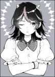  1girl black_hair bow bowtie closed_mouth commentary_request cone_horns crossed_arms dress highres horns kijin_seija konruri_blue looking_at_viewer medium_hair multicolored_hair muted_colors one_eye_closed puffy_short_sleeves puffy_sleeves red_eyes red_streaks short_sleeves small_horns solo streaked_hair touhou upper_body white_streaks 
