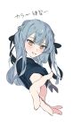  1girl bang_dream! bang_dream!_it's_mygo!!!!! black_ribbon blue_hair blue_shirt hair_ribbon highres long_hair offering_hand open_mouth peke_(pekeiscat) ribbon school_uniform shirt solo togawa_sakiko translation_request tsukinomori_school_uniform yellow_eyes 