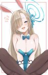  1girl animal_ear_hairband animal_ears asuna_(blue_archive) asuna_(bunny)_(blue_archive) bare_shoulders black_pantyhose blonde_hair blue_archive blue_bow blue_bowtie blue_eyes blue_halo blue_leotard blush bow bowtie breasts cleavage detached_collar fake_animal_ears gloves hair_over_one_eye hair_ribbon hairband halo highres indian_style large_breasts leotard long_hair looking_at_viewer mole mole_on_breast open_mouth pantyhose playboy_bunny rabbit_ear_hairband rabbit_ears ribbon sitting smile solo thighband_pantyhose toshino_niko very_long_hair white_gloves 