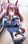  +_+ 1girl absurdres aged_down ahoge animal_ears blue_eyes blush box_art brown_hair brown_tail char's_counterattack closed_mouth commentary ear_ornament excited gundam gunpla hair_between_eyes highres hood hood_down hoodie horse_ears horse_girl horse_tail jegan long_hair manjo_(warito) mihono_bourbon_(umamusume) model_kit sazabi shoes silver_hairband solo sparkling_eyes standing tail tile_floor tiles toy_packaging umamusume white_hoodie white_shoes zeta_gundam zeta_gundam_(mobile_suit) 