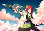  belt black_dress blue_sky canards cloud cowboy_shot day dress flying frank_patriot hair_between_eyes kaname_buccaneer light_rays looking_at_viewer macross macross_delta mecha messer_ihlefeld music open_mouth outdoors outstretched_arm plant red_hair science_fiction short_hair singing skirt sky songstress standing variable_fighter vf-31 vf-31f walkure_(macross_delta) 