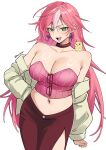  1girl absurdres animal_on_shoulder arashiyama_kimie breasts bustier cleavage collarbone commentary cowboy_shot earrings green_eyes hamster hamster_on_shoulder highres jewelry long_hair marriagetoxin multicolored_hair navel open_mouth pinepin pink_bustier pink_hair smile solo standing streaked_hair very_long_hair white_background white_streaks 