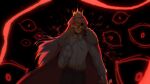  1boy black_background black_pants blood blood_on_clothes cape chromatic_aberration collared_cape commentary commission crown disembodied_eye dropsteri english_commentary floating_hair fur-trimmed_collar fur_trim glowing glowing_eyes hand_on_own_chest highres long_hair looking_at_viewer male_focus mask minecraft_youtube pants pink_eyes pink_hair red_cape shirt skull_mask solo straight-on technoblade upper_body video_available white_shirt 