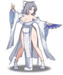  1girl :o animated animated_gif bare_shoulders blinking blue_eyes blush body_blush bouncing_breasts bow breasts cleavage collarbone crossover dot_nose fighting_stance folding_fan furisode game_asset grey_hair hair_bow hand_fan holding holding_fan japanese_clothes kimono large_breasts looking_ahead looking_at_viewer looping_animation lost_sword:_tales_of_britania low_neckline medium_hair official_art paper_fan pelvic_curtain pigeon-toed print_fan print_paper_fan revealing_clothes ribbon-trimmed_kimono ribbon_trim sandals senran_kagura shiny_skin shoulder_blush side_slit simple_background socks solo standing striped_bow tabi white_background white_bow white_kimono white_socks wide_sleeves yumi_(senran_kagura) zouri 