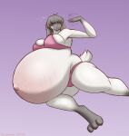  2026 anthro areola barely_contained barely_contained_breasts belly big_belly big_breasts bikini bodily_fluids breasts clothing dansharkman english_description fanning fanning_self female fur gloves_(marking) gradient_fur grey_body grey_fur grey_hair hair hair_over_eyes hi_res huge_belly humanoid_hands hyper hyper_belly hyper_pregnancy lagomorph leg_markings leporid mammal markings navel open_mouth outie_navel pink_areola pink_bikini pink_clothing pink_swimwear pregnant pregnant_anthro pregnant_female purple_background rabbit short_tail simple_background socks_(marking) solo stretch_marks sweat swimwear tail two-piece_swimsuit white_body white_fur 