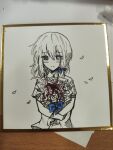  1girl arster black_eyes blood blue_bow bouquet bow chinese_commentary collared_shirt commentary_request cowboy_shot flower hair_bow heterochromia highres holding holding_bouquet medium_hair petals photo_(medium) purple_eyes razor_blade shikishi shirt short_sleeves solo straight-on touhou traditional_media usami_renko 
