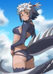  1girl :/ ass back bikini bikini_shorts black_bikini black_hair black_thighhighs blue_sky breasts brown_eyes closed_mouth commentary day grey_hair highres iguana_tail kemono_friends kemono_friends_3 lizard_tail long_sleeves looking_at_viewer marine_iguana_(kemono_friends) medium_breasts multicolored_hair outdoors ribs scales shiny_skin short_hair shorts shrug_(clothing) sky solo spiked_tail swimsuit tail tan tanabe_(fueisei) tanlines thighhighs topknot two-tone_hair 