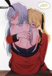  2girls animal_ear_hairband animal_ears bite_mark bite_mark_on_back black_ribbon blonde_hair blue_eyes chinese_text commentary_request detached_collar dogbrooo fake_animal_ears grey_hair hair_ribbon hairband hand_in_another's_hair hickey highres hyakkaou_academy_school_uniform jacket kakegurui momobami_ririka multiple_girls off_shoulder playboy_bunny rabbit_ear_hairband rabbit_ears red_jacket ribbon saotome_mary school_uniform speech_bubble sweat translation_request twintails yellow_eyes yuri 