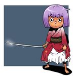  barefoot blue_background full_body holding holding_needle japanese_clothes kimono long_sleeves looking_at_viewer needle no_hat no_headwear obi onikobe_rin outside_border purple_hair sash short_hair simple_background solo sparkle standing sukuna_shinmyoumaru touhou 