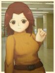  1girl :| belt belt_buckle black_eyes border breasts brown_belt brown_eyes brown_hair buckle chromatic_aberration closed_mouth dress empty_eyes expressionless hair_intakes hand_up indoors long_hair long_sleeves looking_at_viewer medium_breasts medium_hair mii_(nintendo) mii_gunner mii_gunner_(smash_4) no_pupils orange_dress orange_sweater parted_bangs photo_background ribbed_dress ribbed_sweater solo super_smash_bros. sweater sweater_dress tiles turtleneck turtleneck_dress turtleneck_sweater upper_body white_border zorrpu 