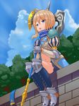  armor axe blonde_hair blue_eyes boots cloud day fence gloves hair_ornament highres last_period midriff navel open_mouth portier_(last_period) puff_and_slash_sleeves puffy_sleeves raseruta short_hair sitting skirt sky sleepy solo weapon 
