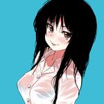  alphy black_hair blue_background blue_bra bra brown_eyes buttons collarbone collared_shirt eyelashes fon_(alphy) long_hair looking_at_viewer original parted_lips pink_lips see-through shirt simple_background smile solo underwear upper_body wet wet_clothes wet_hair wet_shirt wing_collar 