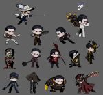  6+boys absurdres arm_blade arm_tattoo armor ascot axe baseball_bat baseball_cap black_eyes black_hair black_vest blade_lineage_(identity)_(project_moon) blood blood_on_clothes blood_on_hand boots cape chain chainmail chibi chibi_only cigar cinq_association_west_uniform claws clenched_hand coat coat_on_shoulders commentary_request dead_rabbits_(identity)_(project_moon) dieci_association_south_uniform e.g.o_(project_moon) facial_tattoo fedora fighting_stance fingerless_gloves fur-trimmed_boots fur_trim gauntlets glasses gloves gold_chain grey_background gun hair_slicked_back hammer hand_on_headwear hat hat_feather highres holding holding_axe holding_baseball_bat holding_gun holding_hammer holding_staff holding_sword holding_weapon hornet_(e.g.o) jacket korean_commentary la_manchaland_(identity)_(project_moon) limbus_company liu_association_south_(identity)_(project_moon) liu_association_south_uniform lobotomy_corporation_(identity)_(project_moon) long_hair mask meursault_(project_moon) middle_(identity)_(project_moon) multiple_boys multiple_persona n_corp._fanatic_(identity)_(project_moon) necktie one_eye_closed open_clothes open_jacket over_shoulder pants partially_shaded_face planted planted_sword project_moon purple_shirt r_corp._(identity)_(project_moon) red_cape red_eyes red_necktie respirator ring_(identity)_(project_moon) rosespanner_workshop_(identity)_(project_moon) scar scar_on_face shirt short_hair shoulder_armor sleeveless sleeveless_shirt spiked_bat ssong25z stab staff stole straw_hat sword tail tattoo thumb_(identity)_(project_moon) tinted_eyewear torn_clothes torn_jacket tube v-shaped_eyebrows vampire veins vest w_corp._(identity)_(project_moon) w_corp._logo wax_seal weapon weapon_over_shoulder white_pants 