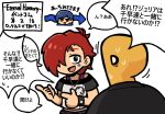  1boy 1girl blue_eyes facial_mark fis_(t83192933) hair_over_one_eye idolmaster idolmaster_(classic) idolmaster_million_live! julia_(idolmaster) kisaragi_chihaya object_head open_mouth p-head_producer print_shirt producer_(idolmaster) red_hair shirt short_hair short_sleeves smile speech_bubble star_(symbol) star_facial_mark translation_request 