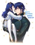  1boy 1girl 2026 aged_down ameno_(a_meno0) blue_eyes blue_hair blue_shirt carrying carrying_person chrom_(fire_emblem) closed_eyes commentary_request confetti dated dress english_text father_and_child father_and_daughter fire_emblem fire_emblem_awakening flower flower_request gold_shoes gold_trim hair_between_eyes happy_birthday holding holding_flower kiss kissing_forehead leggings long_sleeves lucina_(fire_emblem) parent_and_child shirt shoes sidelocks simple_background tiara white_background white_dress white_leggings 