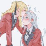  2girls animal_ears black_ribbon blonde_hair blue_eyes blush closed_eyes commentary_request dog_ears dog_girl dog_tail dogbrooo ear_blush grey_background grey_hair hair_ribbon hand_on_another's_head heart highres jacket kakegurui kemonomimi_mode kiss kissing_forehead momobami_ririka multiple_girls parted_lips red_jacket ribbon saotome_mary simple_background tail twintails yuri 