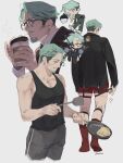  >_< 1boy artist_name bare_shoulders beanie black-framed_eyewear black_hair black_hat black_shirt black_tank_top blue_hair challia_bull collarbone collared_shirt commentary_request cropped_legs cup curtained_hair disposable_coffee_cup disposable_cup facial_hair frying_pan glasses goatee grey_jacket grey_pants gundam gundam_gquuuuuux hands_on_own_knees haro hat heart highres holding holding_cup holding_frying_pan holding_spatula jacket layered_sleeves legwear_garter long_sleeves looking_back male_focus male_underwear multicolored_hair multiple_views mustache pants red_male_underwear red_socks shirt shoes short_sideburns sideburns socks solo_focus spatula suit_jacket tank_top twitter_username two-tone_hair underwear white_shoes worvies xavier_olivette 