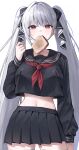  1girl absurdres aco_(aco_7313) arm_at_side azur_lane black_ribbon black_sailor_collar black_serafuku black_shirt black_skirt blunt_bangs blush bread bread_slice breasts clenched_hand commentary cowboy_shot eyelashes food food_in_mouth formidable_(azur_lane) formidable_(the_lover's_heart_flutters_on_duty)_(azur_lane) grey_hair hair_intakes hair_ribbon hand_up highres large_breasts long_hair looking_at_viewer midriff miniskirt mouth_hold navel neckerchief nude pleated_skirt red_eyes red_neckerchief ribbon sailor_collar school_uniform serafuku shirt sidelighting sidelocks simple_background skirt solo thighhighs toast toast_in_mouth twintails very_long_hair white_background white_thighhighs zettai_ryouiki 
