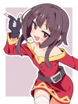  1girl asymmetrical_legwear bandaged_leg bandages bare_shoulders belt black_gloves blush_stickers brown_hair dress fingerless_gloves gloves highres kono_subarashii_sekai_ni_shukufuku_wo! megumin mismatched_legwear noyama_takenoko off-shoulder_dress off_shoulder outline red_dress red_eyes simple_background single_thighhigh solo thighhighs white_outline 
