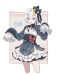  1other :d androgynous blue_eyes cleavage_cutout clothing_cutout commentary_request cropped_legs dress earrings flat_chest hat highres ikeuchi_tanuma jewelry jiangshi layered_dress obi open_mouth original qingdai_guanmao sash short_hair shrug_(clothing) sleeves_past_fingers sleeves_past_wrists smile tassel tassel_earrings white_hair 