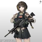  american_flag arm_guards assault_rifle bare_legs black_eyes black_hair black_skirt blonde_hair braid camouflage chest_rig commentary_request girls'_frontline gun highres kuroinu9 long_hair looking_at_viewer m16 m16a1_(girls'_frontline) m16a4 multicolored_hair one_eye_covered rifle shirt single_arm_guard skirt smile standing striped_hair tactical_clothes tactical_gloves two-tone_hair weapon weapon_request 