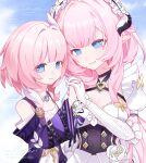  2girls black_dress blue_eyes blue_sky breasts chinese_commentary coat commentary_request cyrene_(honkai:_star_rail) cyrene_(philia093)_(honkai:_star_rail) dress elf elysia_(honkai_impact) elysia_(miss_pink)_(honkai_impact) elysia_(miss_pink_elf)_(honkai_impact) fake_horns gloves highres honkai:_star_rail honkai_(series) honkai_impact_3rd horns inoue_marina interlocked_fingers jewelry large_breasts long_hair looking_at_viewer maid maid_headdress moqing785 multicolored_hair multiple_girls necklace parted_lips pink_hair pointy_ears procreate_(medium) purple_coat sky small_breasts smile trait_connection two-tone_hair very_long_hair voice_actor_connection white_gloves white_hair yanning 
