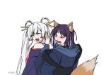  2girls ^_^ a_jak animal_ears blue_hoodie blue_kimono blush cho_kaguya-hime! closed_eyes colored_inner_hair embarrassed forehead_jewel fox_ears fox_girl fox_tail hair_ornament hair_rings hair_stick hood hood_down hoodie japanese_clothes kimono long_hair long_sleeves medium_hair multicolored_hair multiple_girls off_shoulder pink_hair runami_yachiyo sakayori_iroha simple_background tail twintails white_background white_hair 