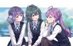  3girls ahoge antenna_hair black_vest blue_eyes blue_hair blunt_bangs blush braid collared_shirt commentary_request crossed_bangs gakuen_idolmaster green_eyes green_hair hair_flaps hataya_misuzu hatsuboshi_gakuen_school_uniform highres idolmaster jewelry kaya_rinha knees_up long_hair long_sleeves looking_at_another multiple_girls pleated_skirt purple_hair ring school_uniform shinouzip shirt short_hair sidelocks sitting skirt syngup!_(idolmaster) tsukimura_temari twintails vest white_shirt 