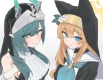  2girls absurdres aji_aji_nori arknights arknights:_endfield ascot black_dress black_veil blue_archive blue_eyes blue_hair blue_horns blue_neckerchief braid closed_mouth commentary_request detached_sleeves dress halo highres horns looking_at_viewer mari_(blue_archive) multiple_girls neckerchief nun side_braid sidelocks simple_background smile trait_connection veil white_ascot white_background xaihi_(arknights) 