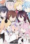  6+girls ahoge aki_rosenthal aki_rosenthal_(1st_costume) animal_ears azki_(4th_costume)_(hololive) azki_(hololive) black_hair blonde_hair blue_hair blush brown_hair demon_wings drooling fang flower grey_hair hair_flower hair_intakes hair_ornament hakui_koyori hakui_koyori_(1st_costume) highres hololive hololive_english horns keven_(ewdx3754) la+_darknesss la+_darknesss_(1st_costume) multiple_girls nervous_sweating no_eyes ouro_kronii ouro_kronii_(1st_costume) pink_hair pointy_ears shirogane_noel shirogane_noel_(1st_costume) skin_fang smile star_(symbol) star_hair_ornament sweat tokino_sora tokino_sora_(1st_costume) virtual_youtuber wings wolf_ears yukihana_lamy yukihana_lamy_(1st_costume) yuzuki_choco yuzuki_choco_(1st_costume) 