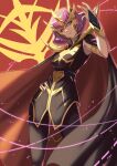  1girl absurdres black_cape black_dress black_pantyhose breasts cape commentary_request dress gundam gundam_zz haman_karn head_tilt headdress highres kotatsu_(nukunuku) logo looking_at_viewer medium_breasts neo_zeon pantyhose pink_hair purple_eyes red_cape short_hair solo two-tone_cape 