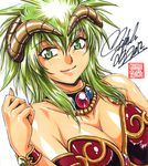  armor artist_request bikini_armor breasts cleavage green_eyes green_hair horns kahm large_breasts lowres outlanders shiny shiny_skin signature simple_background smile solo white_background 