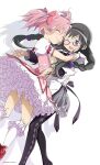  2girls akemi_homura akemi_homura_(magical_girl) argyle_clothes argyle_pantyhose back_bow black_hair blush blush_stickers bow bowtie braid bubble_skirt capelet cheek-to-cheek closed_eyes closed_mouth company_name dress dress_ribbon feet_out_of_frame footwear_ribbon frills glasses grey_dress hair_ribbon hairband heads_together highres hug intertwined_hair kaname_madoka kaname_madoka_(magical_girl) layered_sleeves long_hair magical_girl mahou_shoujo_madoka_magica mary_janes multiple_girls official_art one_eye_closed petticoat pink_dress pink_hair pink_ribbon puffy_short_sleeves puffy_sleeves purple_eyes red-framed_eyewear ribbon shadow shoes short_hair short_sleeves short_twintails sidelocks skirt smile socks soul_gem third-party_source twin_braids twintails two-tone_dress white_background white_dress white_socks 