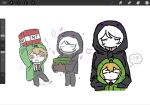  !? 1boy 1girl art_program_in_frame black_hoodie breasts closed_eyes cosplay creeper creeper_(cosplay) enderman enderman_(cosplay) explosive faust_(project_moon) grass_block green_hoodie height_difference highres hood hoodie large_breasts limbus_company long_sleeves minecraft necktie ohzv project_moon red_necktie short_hair simple_background sinclair_(project_moon) tnt tnt_block_(minecraft) white_background white_hair 