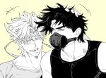  2boys battle_tendency black_shirt blush caesar_anthonio_zeppeli commentary_request facial_mark feather_hair_ornament feathers fingerless_gloves gloves green_background greyscale hair_ornament headband headpat holding holding_mask jojo_no_kimyou_na_bouken joseph_joestar joseph_joestar_(young) male_focus mask monochrome mouth_mask multiple_boys onyajj shirt smile teeth unworn_mask 