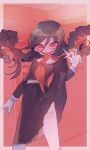  1girl blush border braid collared_shirt commentary_request cowboy_shot crazy_smile danganronpa:_trigger_happy_havoc danganronpa_(series) eyelashes floating_hair fukawa_toko genocider_sho glasses hair_between_eyes highres holding holding_scissors holding_weapon long_hair long_sleeves long_tongue messy_hair neckerchief oishiitigo open_mouth pink_border purple_hair purple_serafuku purple_shirt purple_skirt red_background red_eyes red_neckerchief round_eyewear sailor_collar scar scar_on_leg school_uniform scissors serafuku sharp_teeth shirt skirt skirt_set smile solo tally teeth tongue tongue_out twin_braids twintails upper_teeth_only weapon white_sailor_collar 