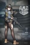  1girl absurdres ar-15 artist_name assault_rifle baseball_cap belt black_pantyhose blue_hoodie boots brown_hair bulletproof_vest closed_mouth escape_from_tarkov glock gun handgun hat headphones highres holding holding_magazine_(weapon) holding_weapon hood hoodie klamol looking_at_viewer looking_back m4_carbine magazine_(weapon) military military_uniform pantyhose red_eyes rifle shorts smile solo tactical_clothes torn_clothes torn_pantyhose weapon 