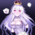  1girl :< blush boo_(mario) breasts closed_mouth commentary_request crown dress frilled_dress frilled_gloves frills ghost gloves grey_dress grey_gloves grey_hair hair_between_eyes highres large_breasts long_hair luigi's_mansion mario_(series) mini_crown nose_blush nyaha princess_king_boo purple_eyes super_crown very_long_hair 